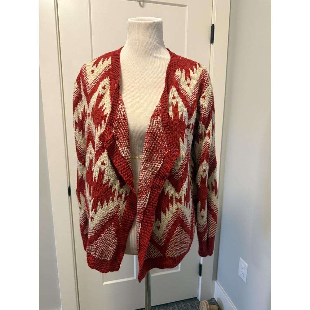 Vintage Ci‎ Sono Cardigan Sweater Womens S/M Red Tribal Aztec Knit Open Front - Picture 2 of 4